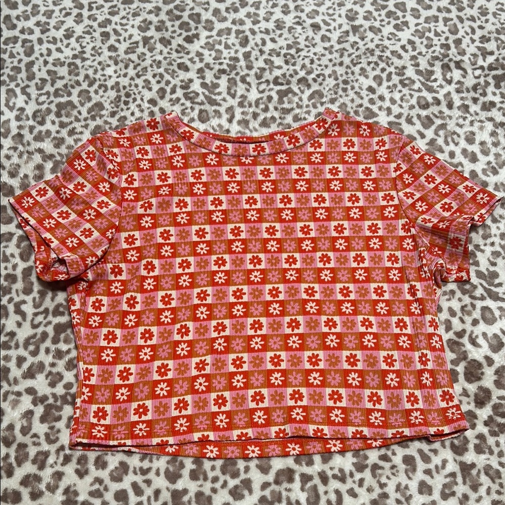 Red and White Floral Checkered Top